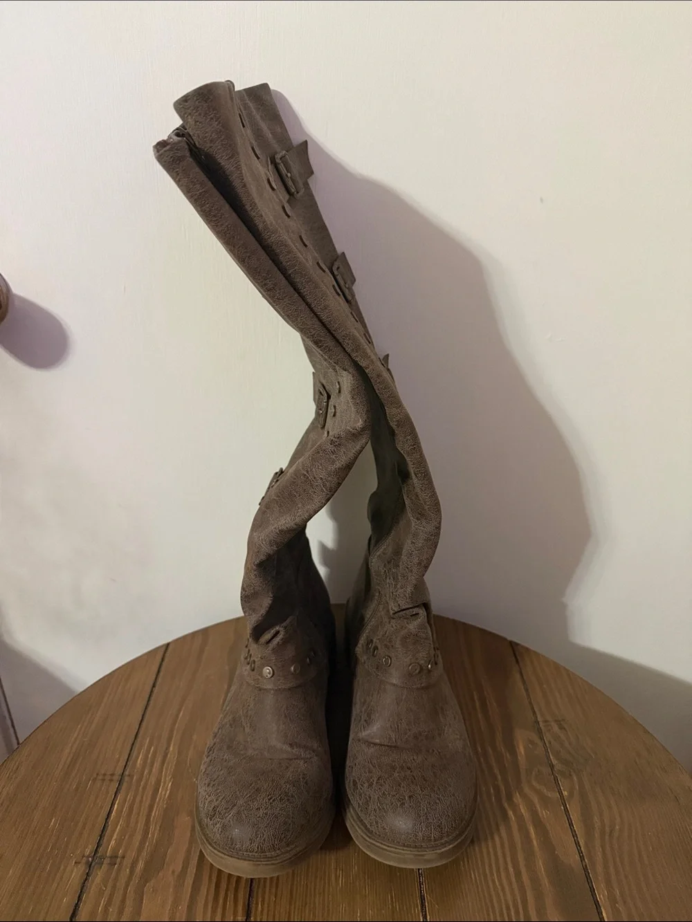Over-the-Knee Buckled Riding Boots in Taupe